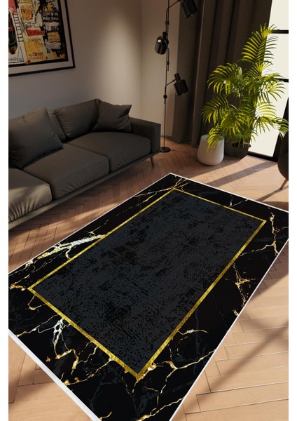 Salon Halısı Modern Çizgili Gold Siyah Altın Kaydırmaz Kesme Yıkanabilir Ince Halı Tüysüz Kilim