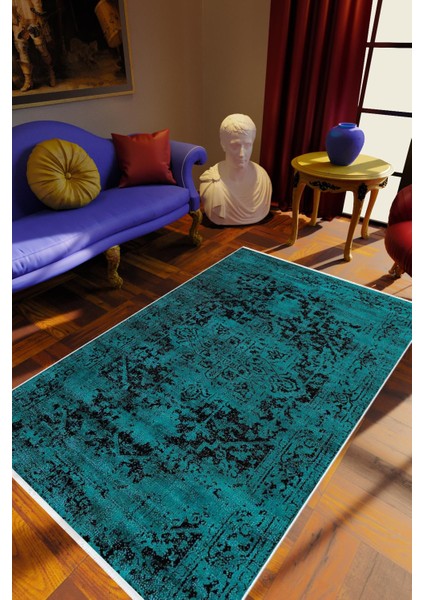 Salon Halısı Klasik Eskitme Turkuaz Sax Mavi Kaydırmaz Kesme Yıkanabilir Ince Halı Tüysüz Kilim