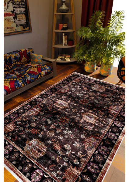 Salon Halısı Otantik Eskitme Siyah Kaydırmaz Kesme Yıkanabilir Ince Halı Tüysüz Kilim