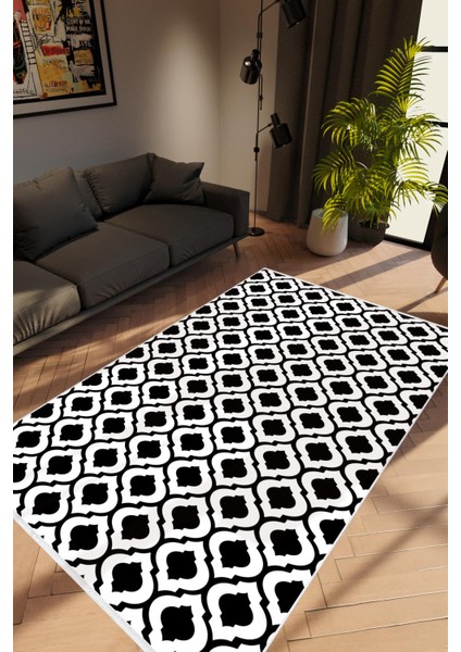 Salon Halısı Modern Geometrik Siyah Beyaz Kaydırmaz Kesme Yıkanabilir Ince Halı Tüysüz Kilim