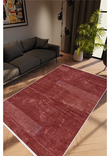 Salon Halısı Modern Eskitme Bordo Kaydırmaz Kesme Yıkanabilir Ince Halı Tüysüz Kilim