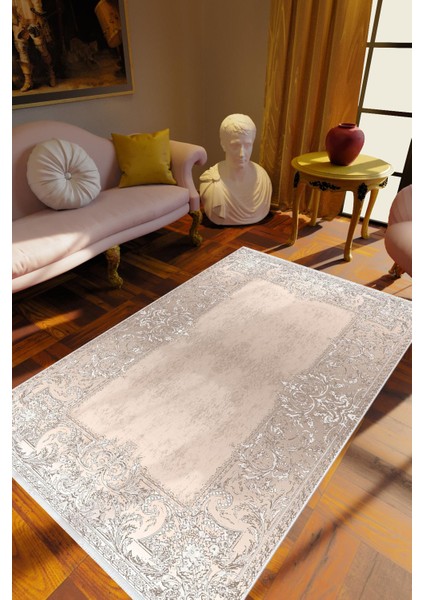 Salon Halısı Klasik Bej Ekru Kaydırmaz Kesme Yıkanabilir Ince Halı Tüysüz Kilim
