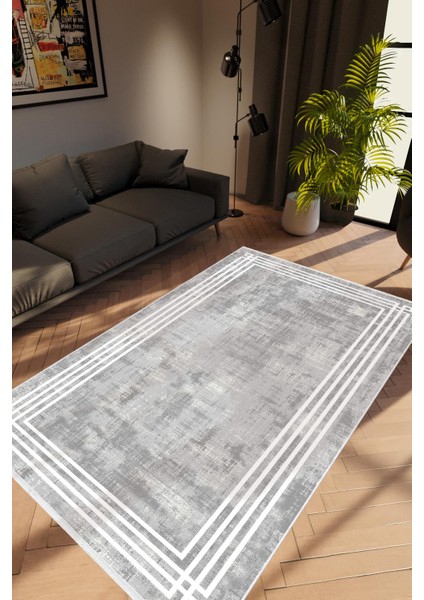 Salon Halısı Modern Çizgili Gri Kaydırmaz Kesme Yıkanabilir Ince Halı Tüysüz Kilim
