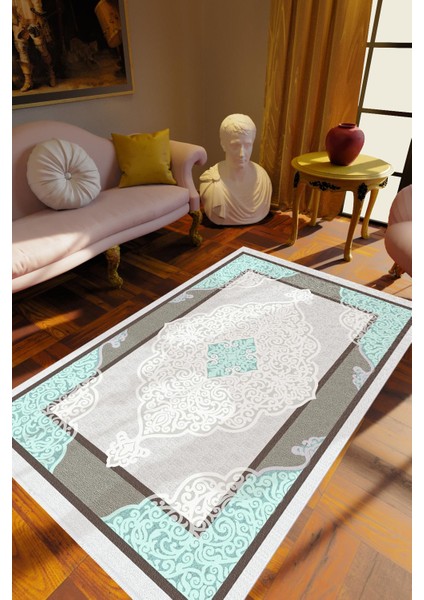 Salon Halısı Klasik Gri Krem Kaydırmaz Kesme Yıkanabilir Ince Halı Tüysüz Kilim