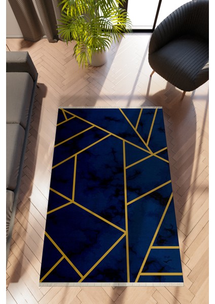Modern Geometrik Lacivert Dijital Baskı Halı Kaydırmaz Ince Yıkanabilir