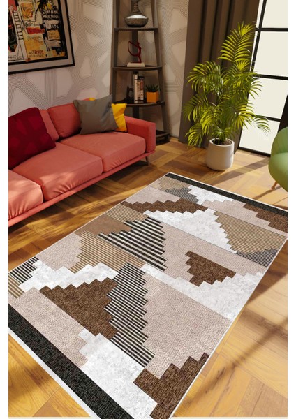 Salon Halısı Eskitme Patchwork Kahverengi Krem Kaydırmaz Kesme Yıkanabilir Ince Halı Tüysüz Kilim