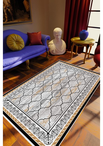 Salon Halısı Eskitme Geometrik Fas Turuncu Gri Kahverengi Kaydırmaz Yıkanabilir Ince Halı Tüysüz