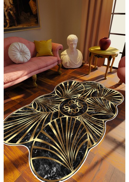 Klasik Modern Gold Altın Siyah Metalik Kaydırmaz Kesme Yıkanabilir Ince Halı