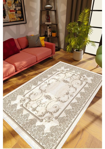 Salon Halısı Figürlü Çiçekli Ekru Krem Kaydırmaz Kesme Yıkanabilir Ince Halı Tüysüz Kilim