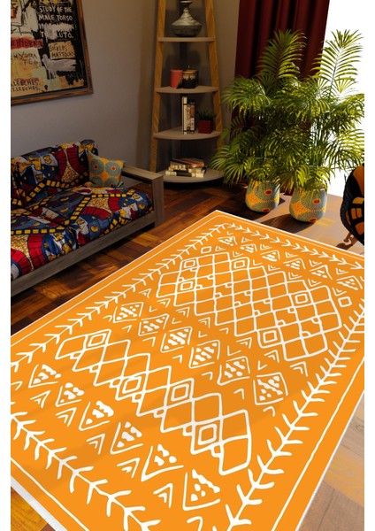 Salon Halısı Otantik Eskitme Turuncu Beyaz Kaydırmaz Kesme Yıkanabilir Ince Halı Tüysüz Kilim