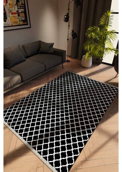Modern Siyah Dijital Baskı Halı Kaydırmaz Ince Yıkanabilir