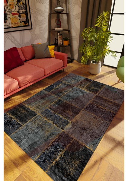 Modern Patchwork Gri Dijital Baskı Halı Kaydırmaz Ince Yıkanabilir