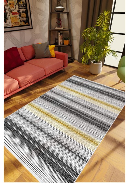 Salon Halısı Modern Eskitme Gri Gold Siyah Kaydırmaz Kesme Yıkanabilir Ince Halı Tüysüz Kilim