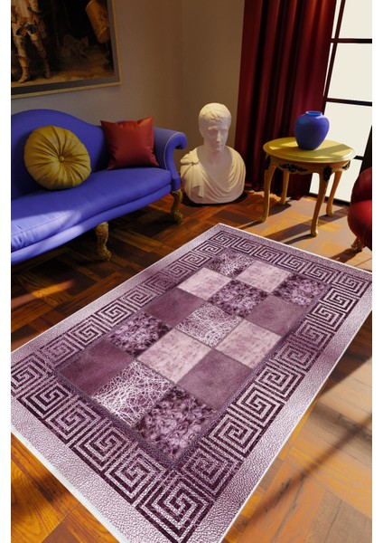 Salon Halısı Klasik Mor Kaydırmaz Kesme Yıkanabilir Ince Halı Tüysüz Kilim