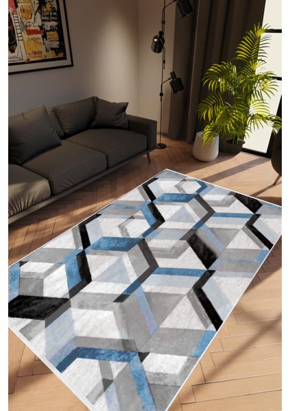 Salon Halısı Modern Geometrik Mavi Gri Siyah Kaydırmaz Kesme Yıkanabilir Ince Halı Tüysüz Kilim