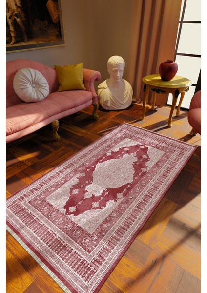 Klasik Krem Dijital Baskı Halı Kaydırmaz Ince Yıkanabilir