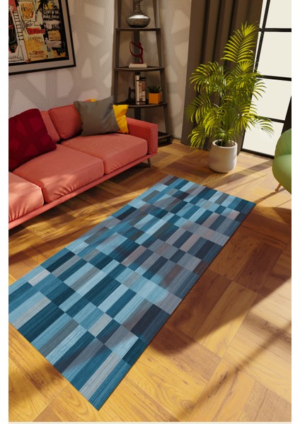 Modern Patchwork Mavi Dijital Baskı Halı Kaydırmaz Ince Yıkanabilir