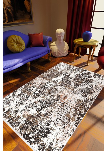 Salon Halısı Çiçekli Abstract Soyut Kahverengi Beyaz Kaydırmaz Yıkanabilir Ince Halı Tüysüz Kilim