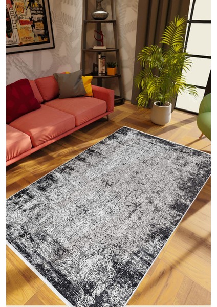 Salon Halısı Doku Eskitme Gri Siyah Kaydırmaz Kesme Yıkanabilir Ince Halı Tüysüz Kilim