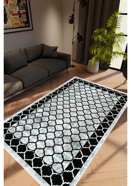 Modern Geometrik Siyah Gri Kaydırmaz Kesme Yıkanabilir Ince Halı