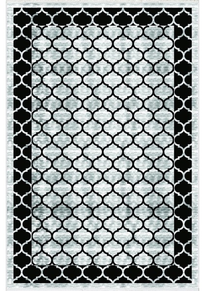 Modern Geometrik Siyah Gri Kaydırmaz Kesme Yıkanabilir Ince Halı