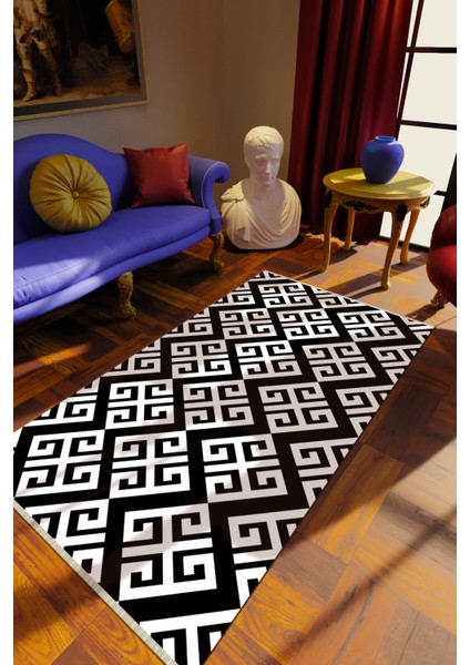 Klasik Siyah Dijital Baskı Halı Kaydırmaz Ince Yıkanabilir