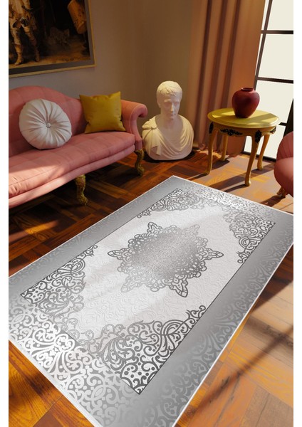 Salon Halısı Klasik Gümüş Mavi Kaydırmaz Kesme Yıkanabilir Ince Halı Tüysüz Kilim
