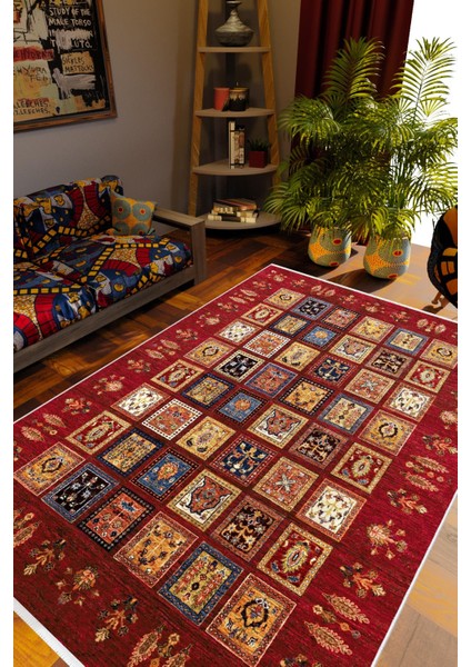 Salon Halısı Kilim Desenli Otantik Eskitme Bordo Kaydırmaz Kesme Yıkanabilir Ince Halı Tüysüz Kilim