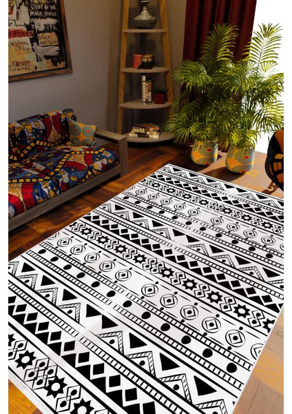 Salon Halısı Otantik Eskitme Beyaz Siyah Kaydırmaz Kesme Yıkanabilir Ince Halı Tüysüz Kilim