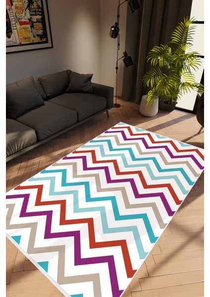 Modern Zig Zag Mavi Turkuaz Krem Bordo Kaydırmaz Kesme Yıkanabilir Ince Halı