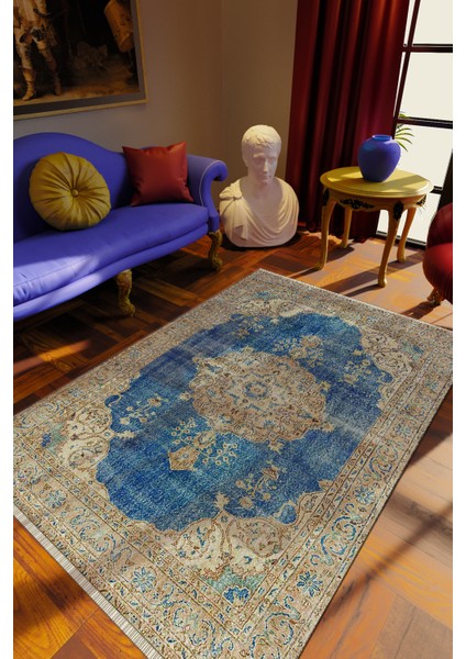 Klasik Eskitme Mavi Dijital Baskı Halı Kaydırmaz Ince Yıkanabilir