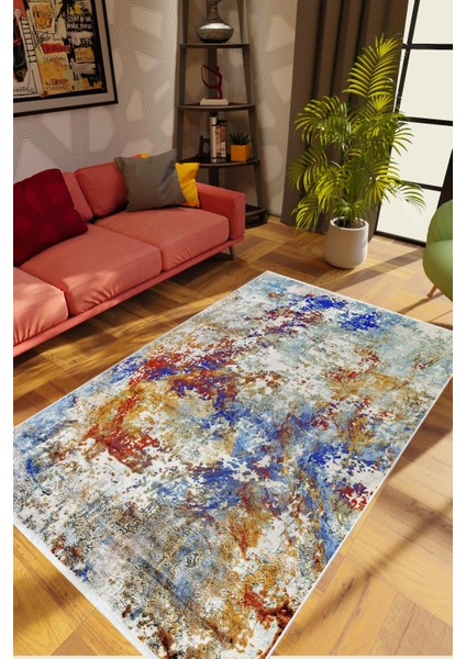 Salon Halısı Modern Eskitme Lacivert Kaydırmaz Kesme Yıkanabilir Ince Halı Tüysüz Kilim
