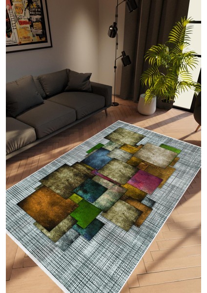 Salon Halısı Modern Patchwork Gri Kaydırmaz Kesme Yıkanabilir Ince Halı Tüysüz Kilim