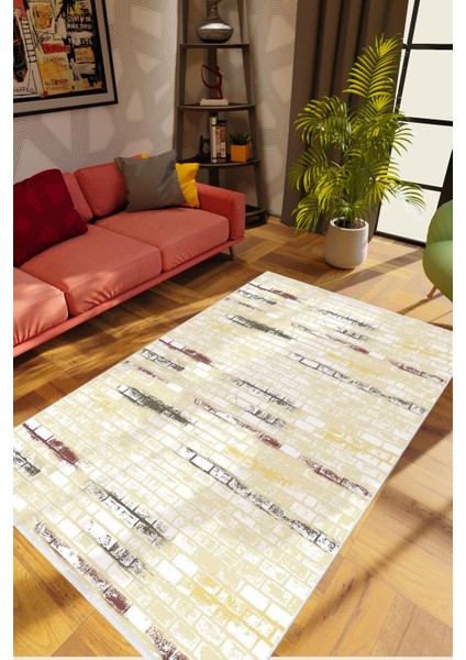 Salon Halısı Taş Mermer Tuğla Desen Bej Beyaz Sarı Gri Kaydırmaz Yıkanabilir Ince Halı Tüysüz Kilim