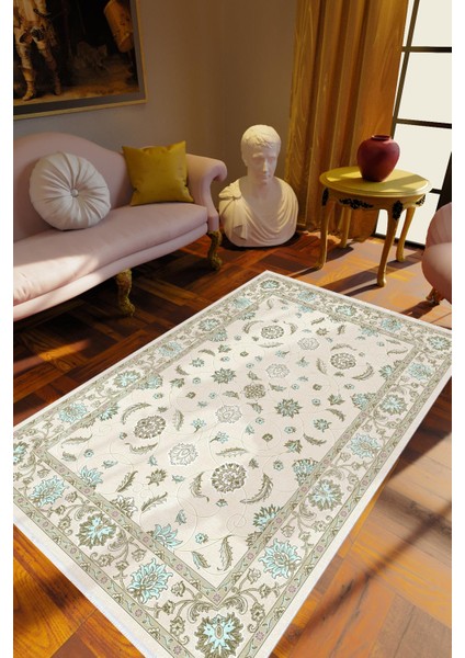 Salon Halısı Çiçekli Kilim Temalı Yeşil Gri Turkuaz Kaydırmaz Yıkanabilir Ince Halı Tüysüz Kilim