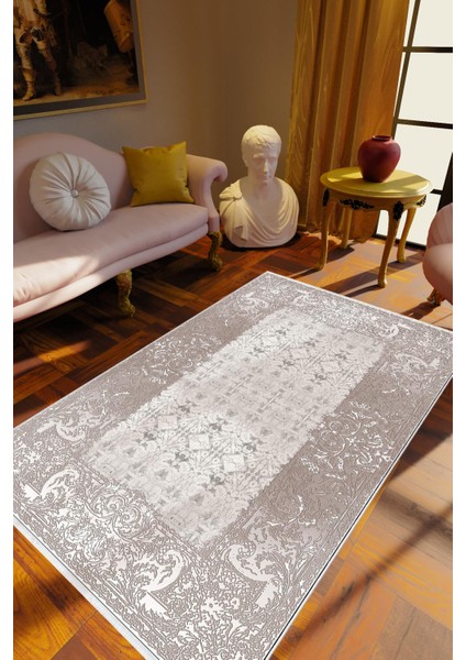 Salon Halısı Klasik Gri Kaydırmaz Kesme Yıkanabilir Ince Halı Tüysüz Kilim