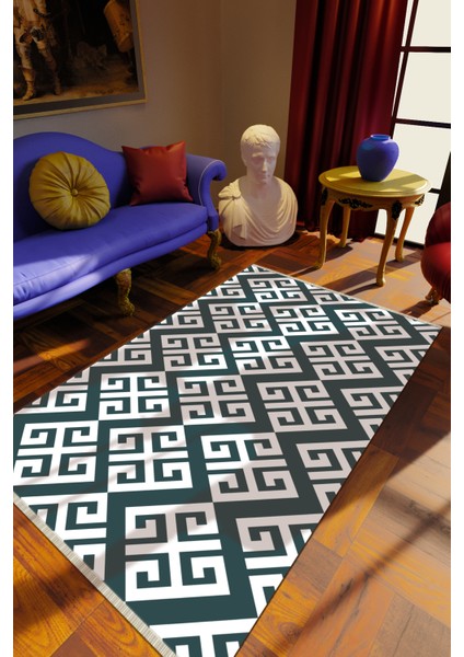 Klasik Siyah Dijital Baskı Halı Kaydırmaz Ince Yıkanabilir