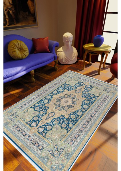 Salon Halısı Eskitme Klasik Gri Mavi Bej Kaydırmaz Kesme Yıkanabilir Ince Halı