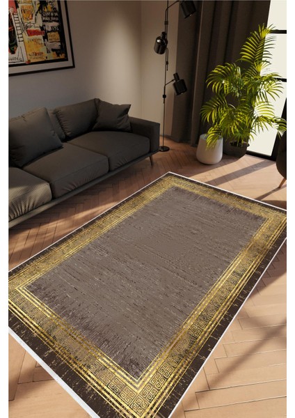 Salon Halısı Doku Eskitme Metalik Kahverengi Gri Altın Kaydırmaz Yıkanabilir Ince Halı Tüysüz Kilim
