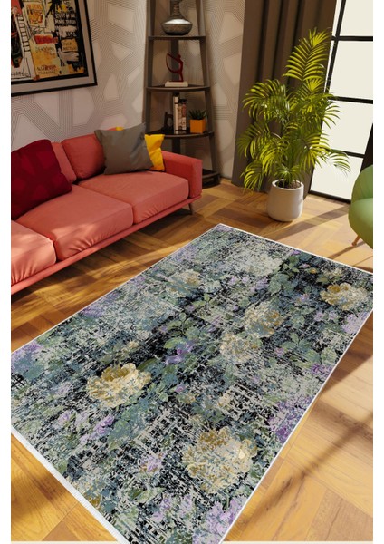 Salon Halısı Figürlü Çiçekli Gri Kaydırmaz Kesme Yıkanabilir Ince Halı Tüysüz Kilim