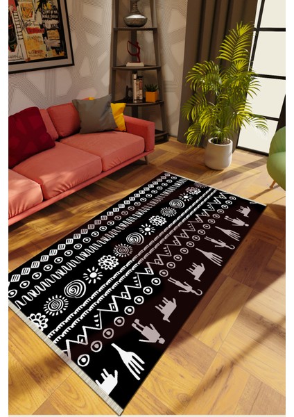 Modern Siyah Dijital Baskı Halı Kaydırmaz Ince Yıkanabilir