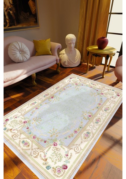 Salon Halısı Figürlü Çiçekli Mavi Ekru Kaydırmaz Kesme Yıkanabilir Ince Halı Tüysüz Kilim