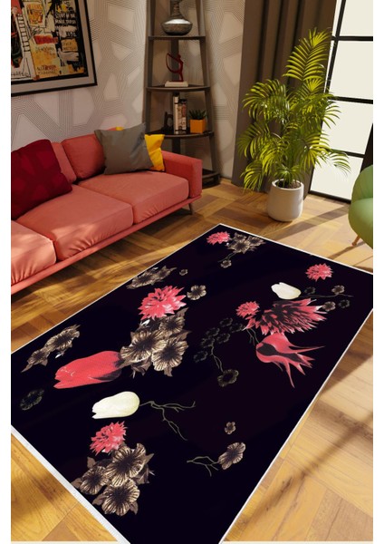 Salon Halısı Figürlü Çiçekli Siyah Pembe Kaydırmaz Kesme Yıkanabilir Ince Halı Tüysüz Kilim
