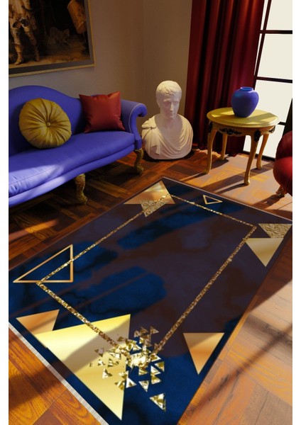 Klasik Lacivert Dijital Baskı Halı Kaydırmaz Ince Yıkanabilir