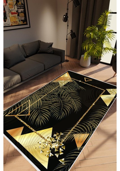 Salon Halısı Modern Geometrik Altın Siyah Gold Kaydırmaz Kesme Yıkanabilir Ince Halı Tüysüz Kilim