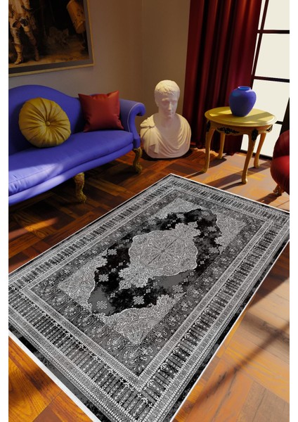 Salon Halısı Klasik Gümüş Siyah Gri Kaydırmaz Kesme Yıkanabilir Ince Halı Tüysüz Kilim