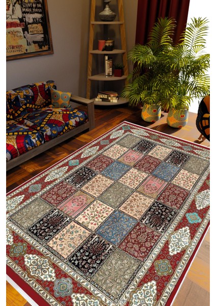 Kilim Desenli Otantik Eskitme Bordo Kaydırmaz Kesme Yıkanabilir Ince Halı