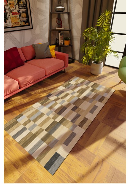 Modern Patchwork Krem Dijital Baskı Halı Kaydırmaz Ince Yıkanabilir