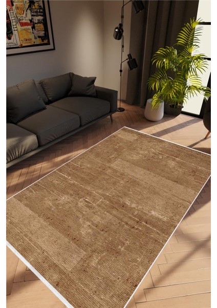 Salon Halısı Modern Eskitme Kahverengi Kaydırmaz Kesme Yıkanabilir Ince Halı Tüysüz Kilim