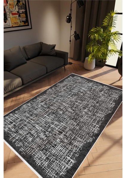 Salon Halısı Doku Eskitme Siyah Kaydırmaz Kesme Yıkanabilir Ince Halı Tüysüz Kilim